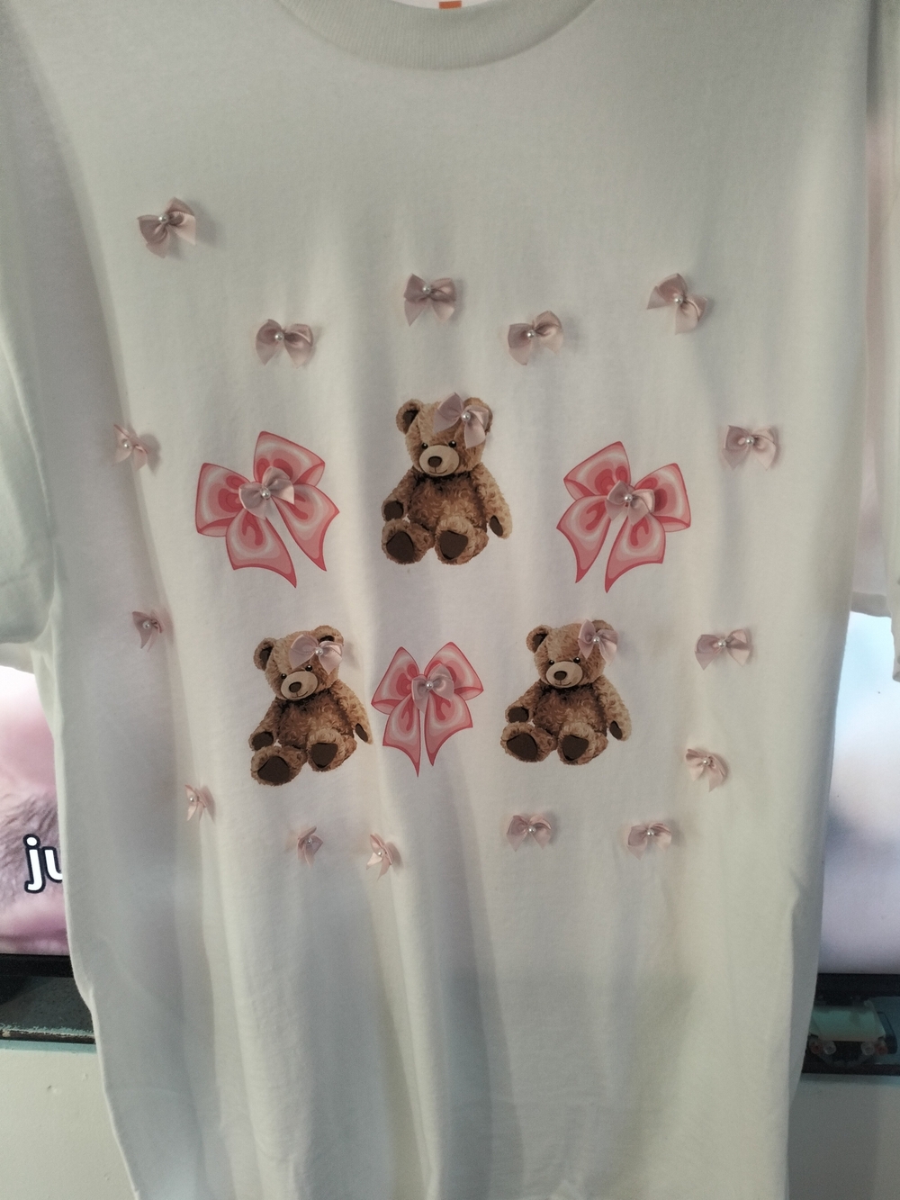 Women's White Tee with Pink Bow & Teddy Bear Design